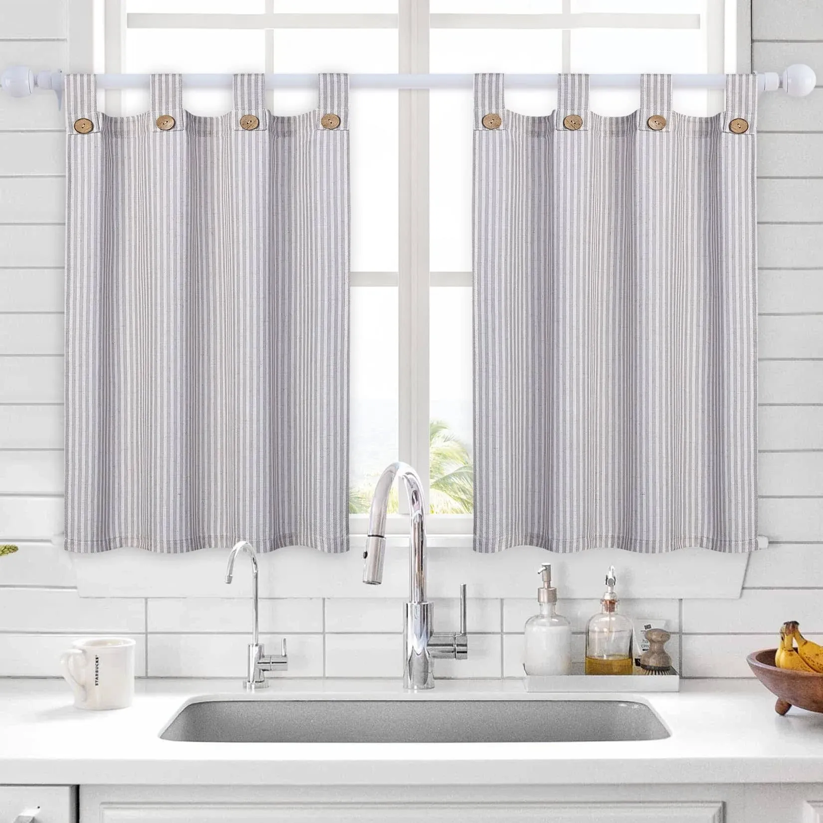 Kitchen Curtain Cafe Curtain 27\x9cx36 Linen Striped Tier Curtains With Solid Butto