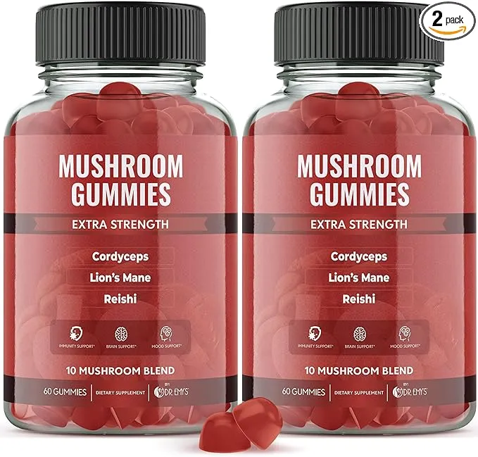 Dr. Emy's Mushroom Gummies for Women & Men,Anti Aging,Brain Support,Immunity Support,Energy Support.Mushroom Supplement-10 Mighty Mushrooms. Gelatin