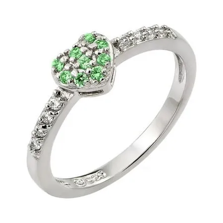 Simulated Emerald Inlay Cubic Zirconia May Birthstone Heart Ring Sterling Silver Size 8