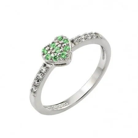 Simulated Emerald Inlay Cubic Zirconia May Birthstone Heart Ring Sterling Silver Size 5