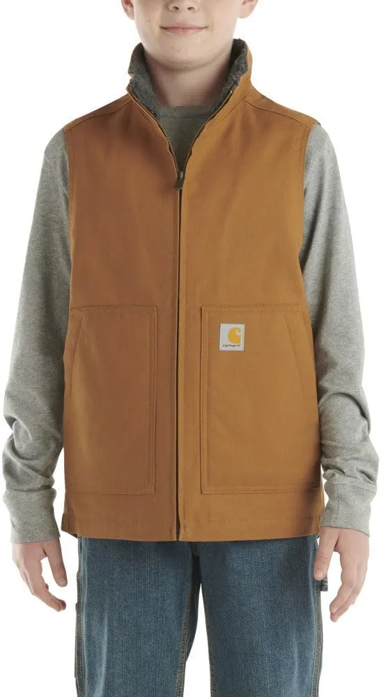 Carhartt Boy's Cotton Boys' Zip-Front Canvas Sherpa Lined Vest | Brown | Xxs Cu