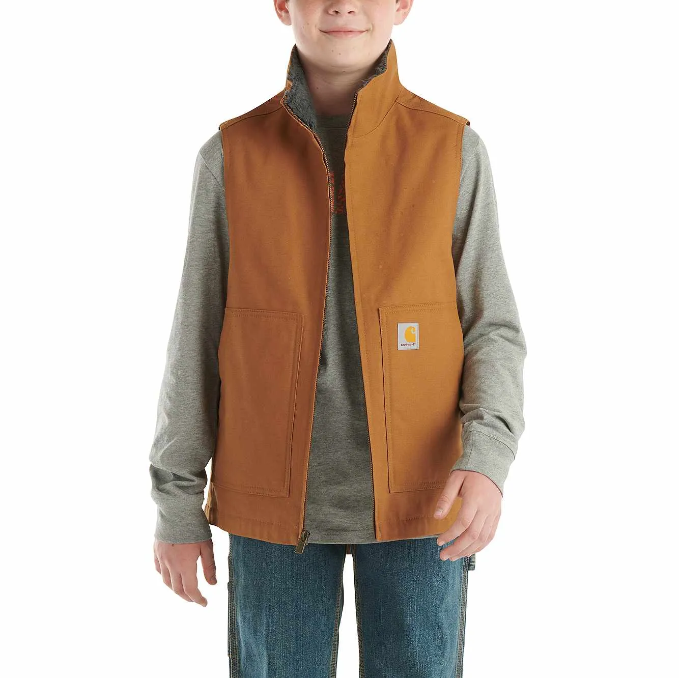 Carhartt Boy's Cotton Boys' Zip-Front Canvas Sherpa Lined Vest | Brown | Xxs Cu