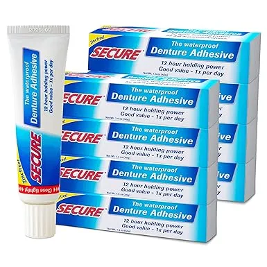 Secure Waterproof Denture Adhesive - Zinc Free - Extra Strong Hold For Upper, Lower or Partials - 1.4 oz (Pack of 2)