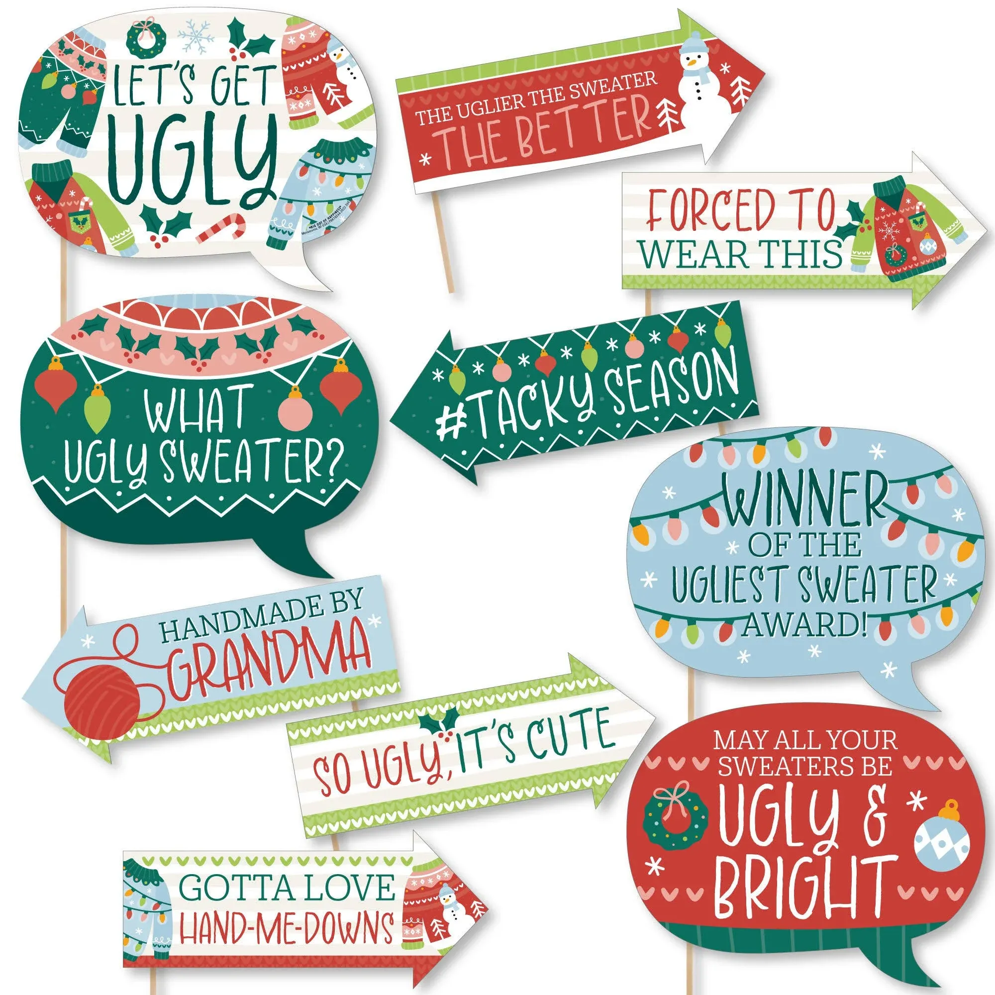 Funny Colorful Christmas Sweaters Ugly Holiday Party Photo Booth Props Kit 10 Pc