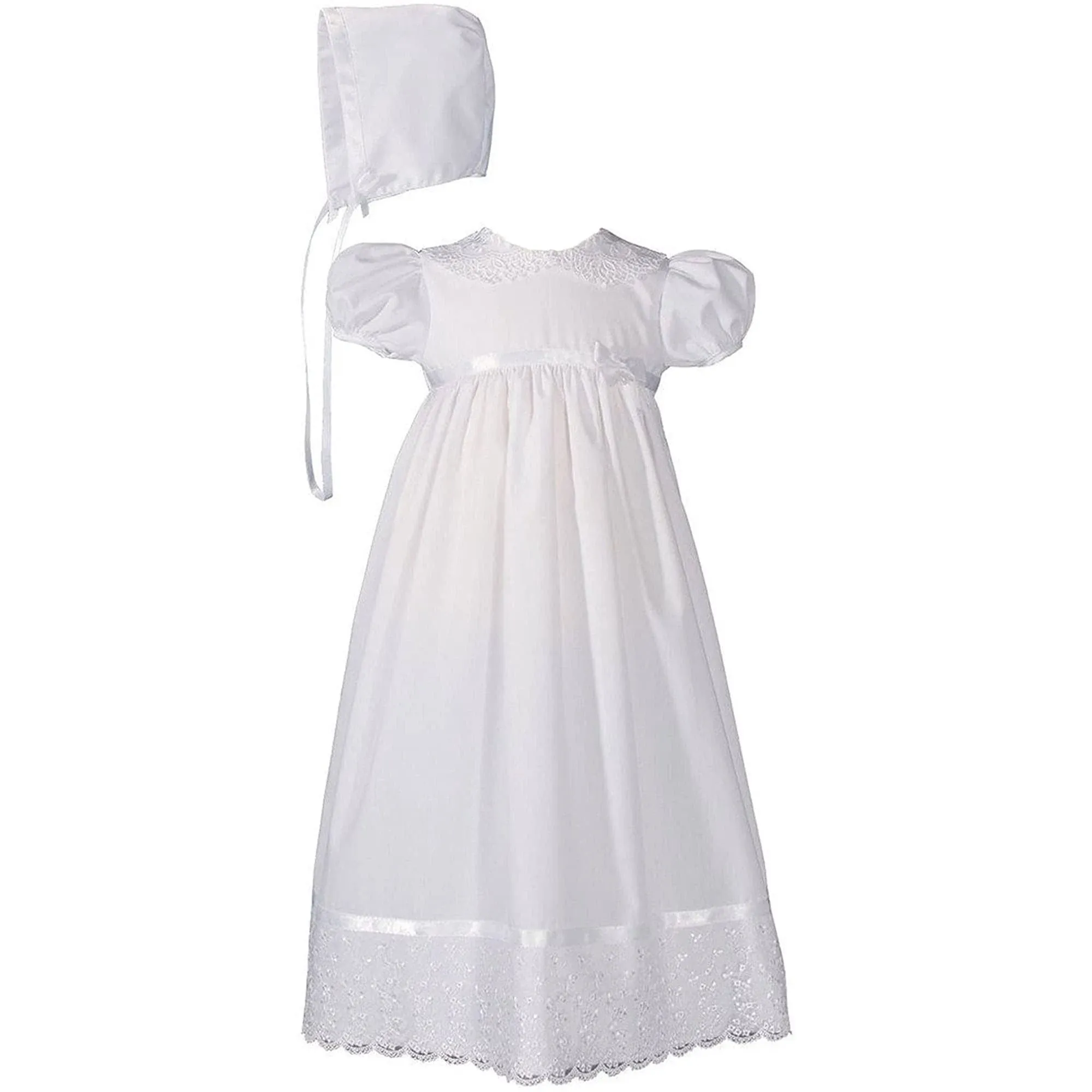 Girls Special Occasion 24" Poly Cotton Batiste Christening Baptism Gown with Lace Collar and Hem