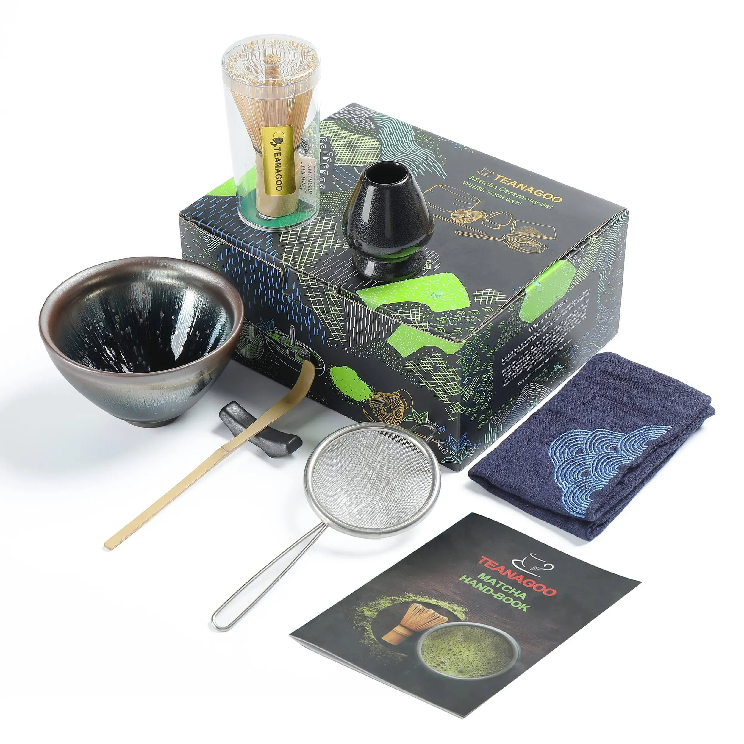 TEANAGOO Japanese Matcha Set (7pcs) Matcha Whisk Mtacha Kit Matcha Bowl with Pouring Spout Bamboo Matcha Whisk (Chasen) Scoop (chashaku) Whisk Holder. N26, Celadon Blue, Matcha Green Tea Powder