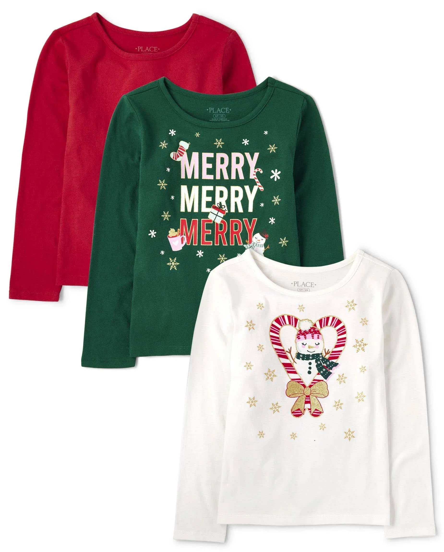 The Children s Place Girls Christmas Graphic Long Sleeve Hi-Lo Tops  3-Pack  Sizes XS-XXL