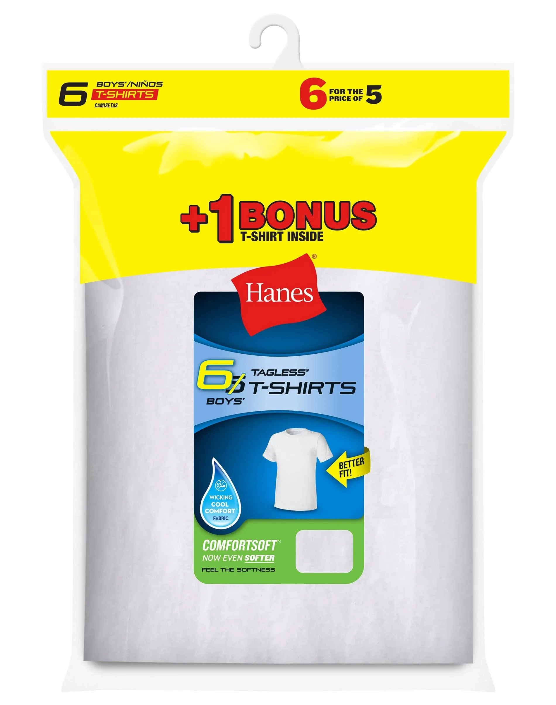 Hanes Boys' Undershirts 5 + 1 Bonus Pack Tagless Crew Undershirts