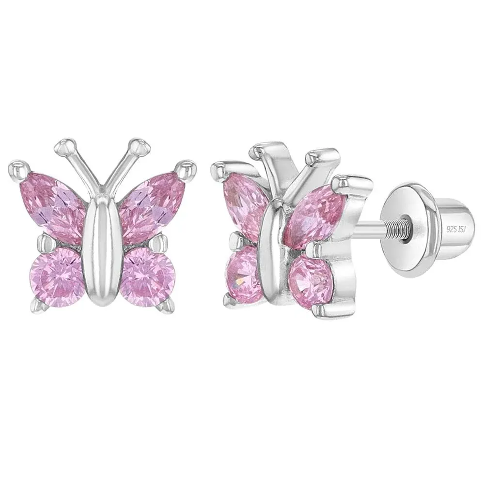 925 Sterling Silver Small Cubic Zirconia Butterfly Girls Screw Back Earrings, Girl's