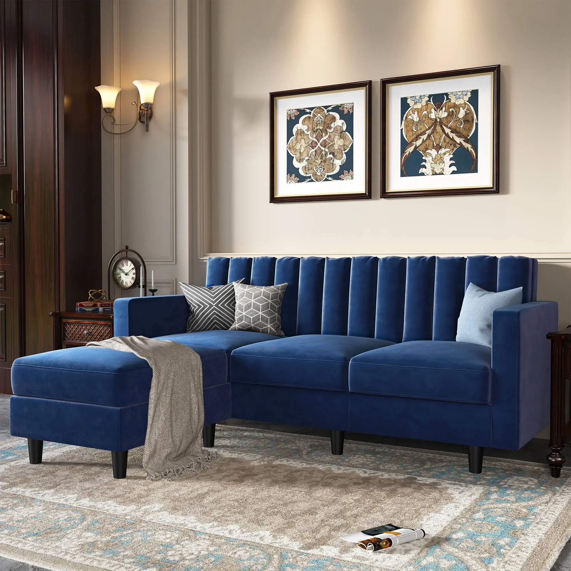 HONBAY Contemporary Velvet  Sectional Sofa Couch for Living Room Furniture Sets in Navy Blue