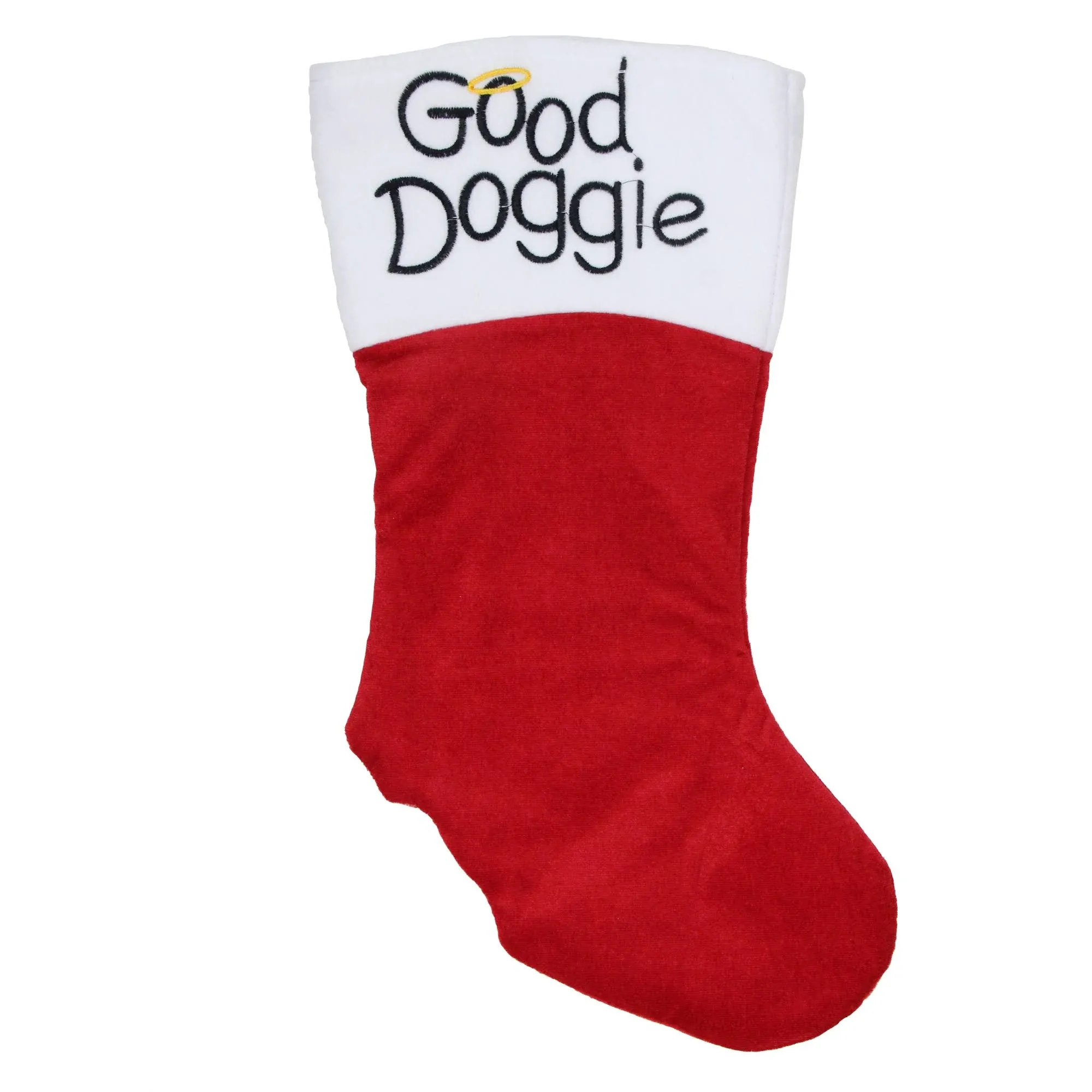 Northlight 19" Red and White Embroidered Halo "Good Doggie" Christmas Stocking with Cuff