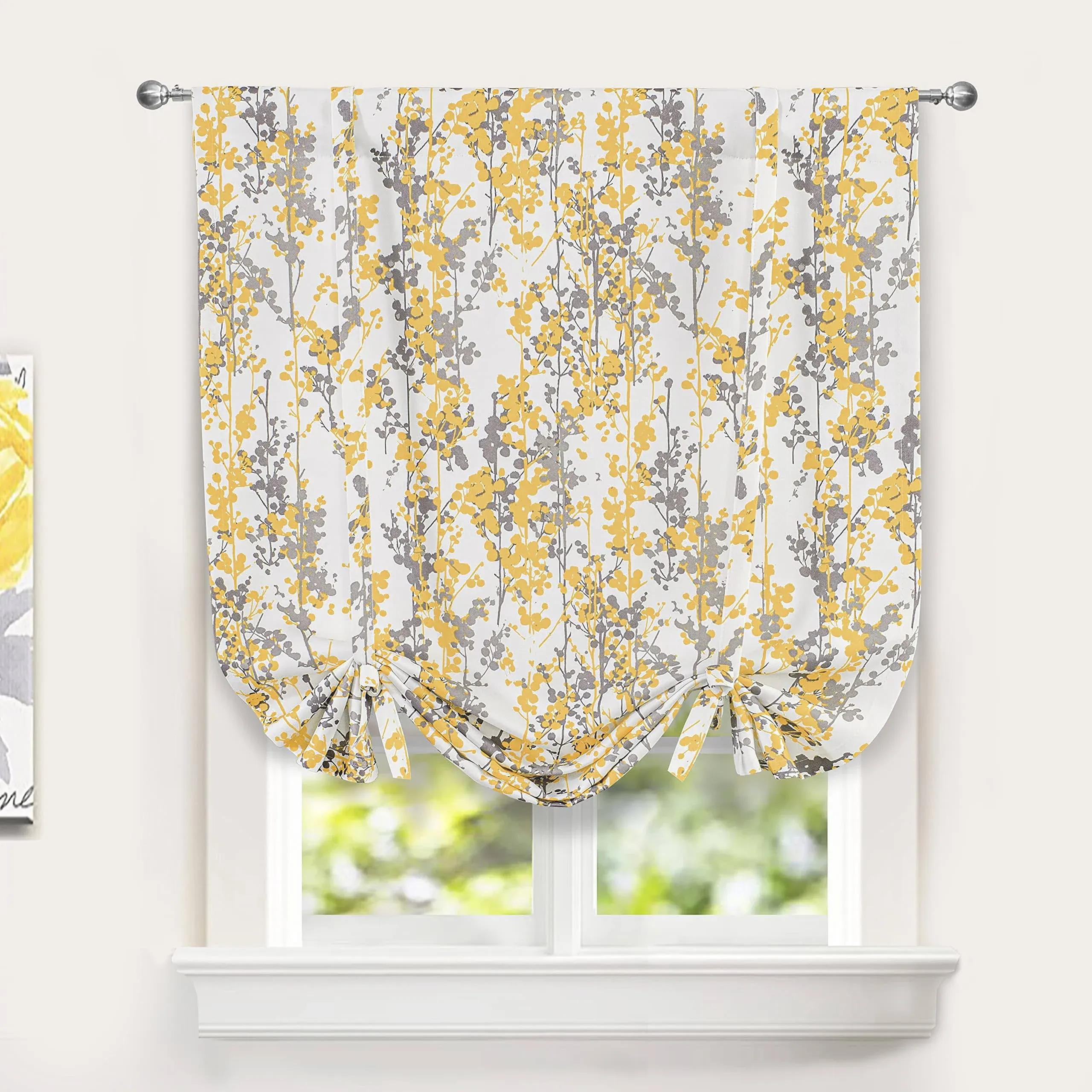 DriftAway Leah Abstract Floral Blossom Ink Painting Pattern Room Darkening Thermal Insulated Tie Up Adjustable Balloon Rod Pocket Curtain for Small Window 45 Inch by 63 Inch Golden Yellow Silver Gray