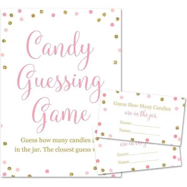 Baby Shower Candy Guessing Game, How Many Candies, Faux Gold Glitter and Pink...