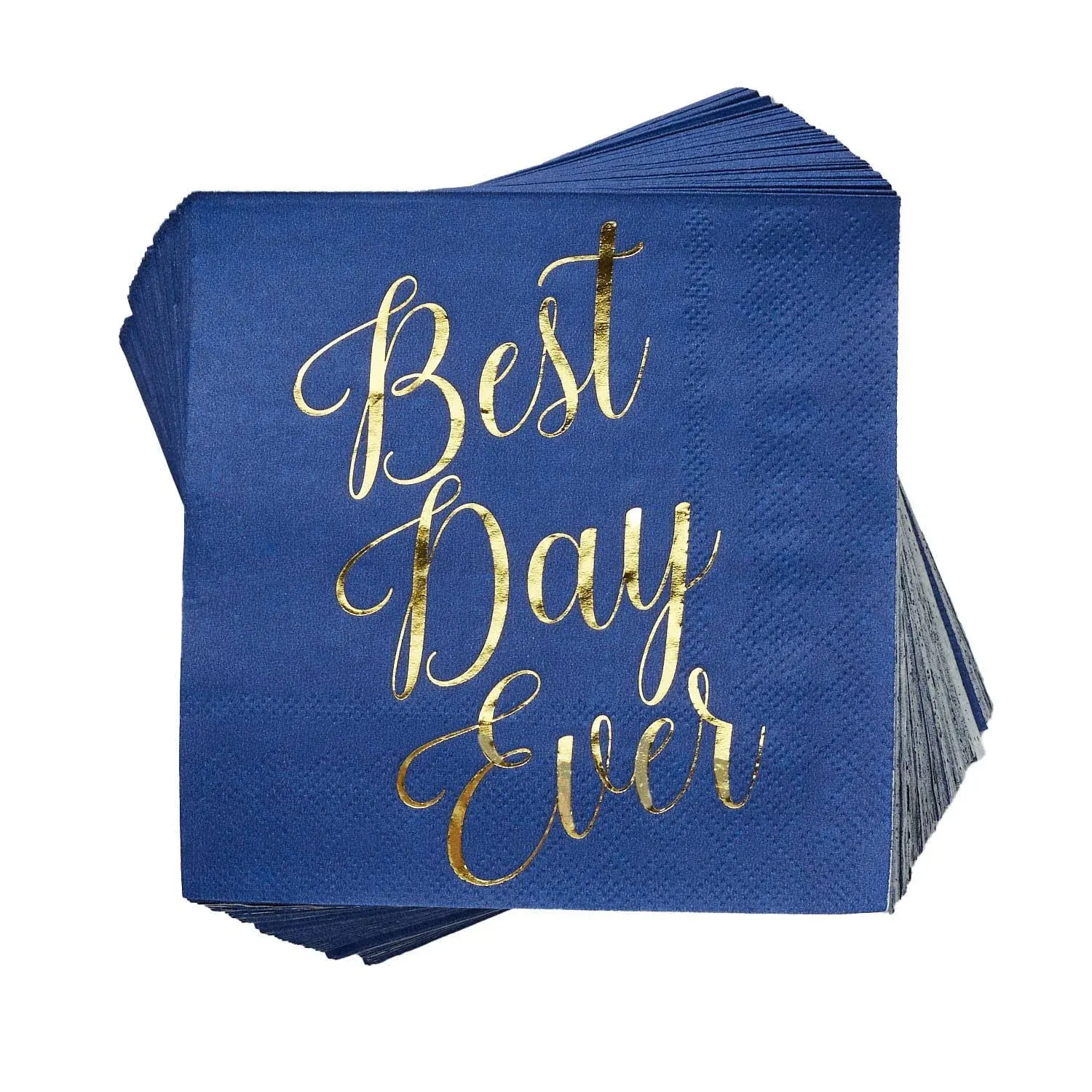 100 Pcs "Best Day Ever" Cocktail Napkins - 3-Ply Blue and Gold Wedding Birthday Party Supplies, Graduation Retirement Anniversary Royal Navy for Dessert Beverage, Bridal Shower & Table Decorations