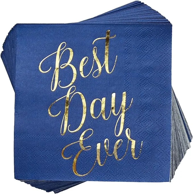 100 Pcs &quot;Best Day Ever&quot; Wedding Cocktail Napkins - 3-Ply Blue and Gold Cocktail Napkins Wedding Party Supplies - Dessert Beverage, Navy