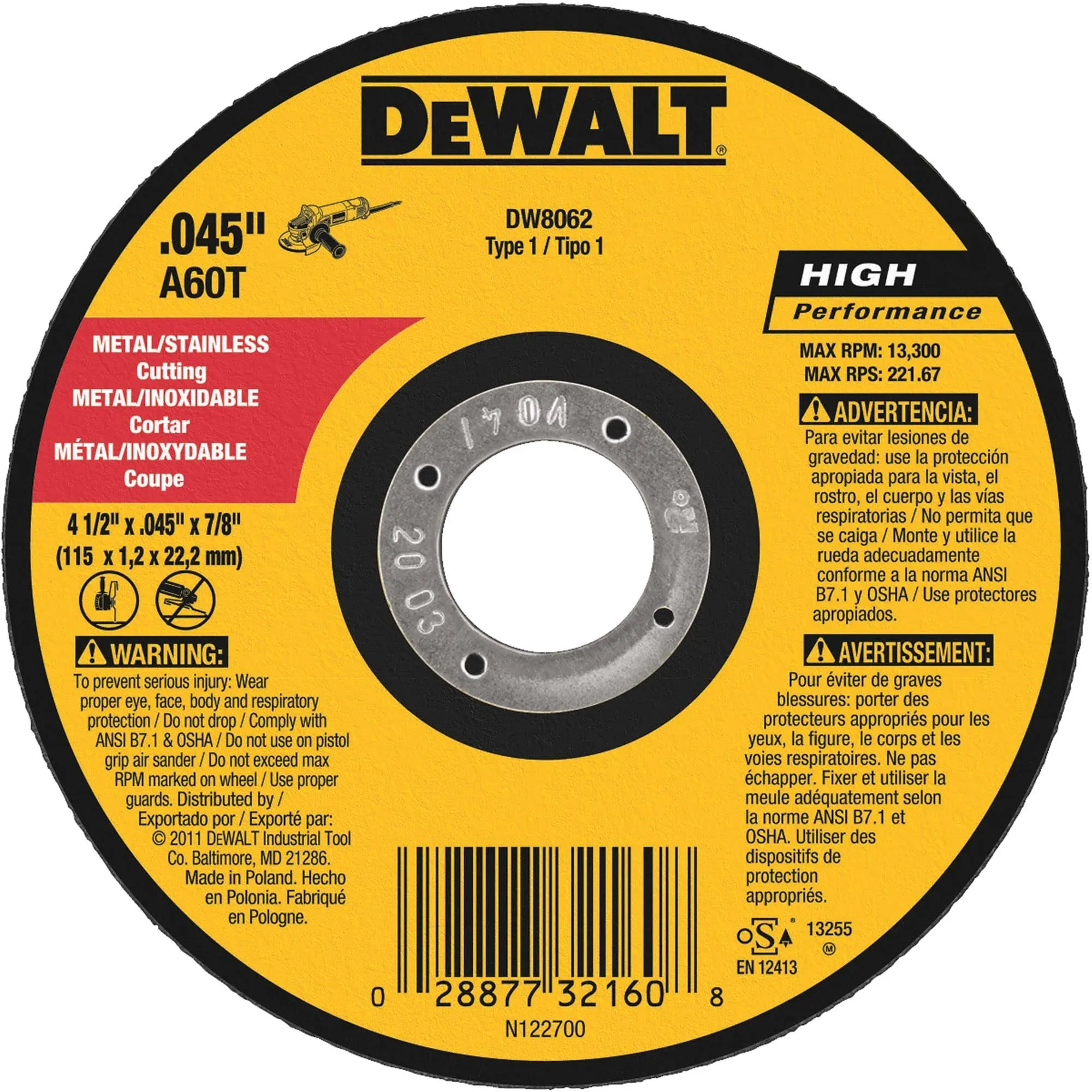 Dewalt Dw8062 Metal Cutting Wheel