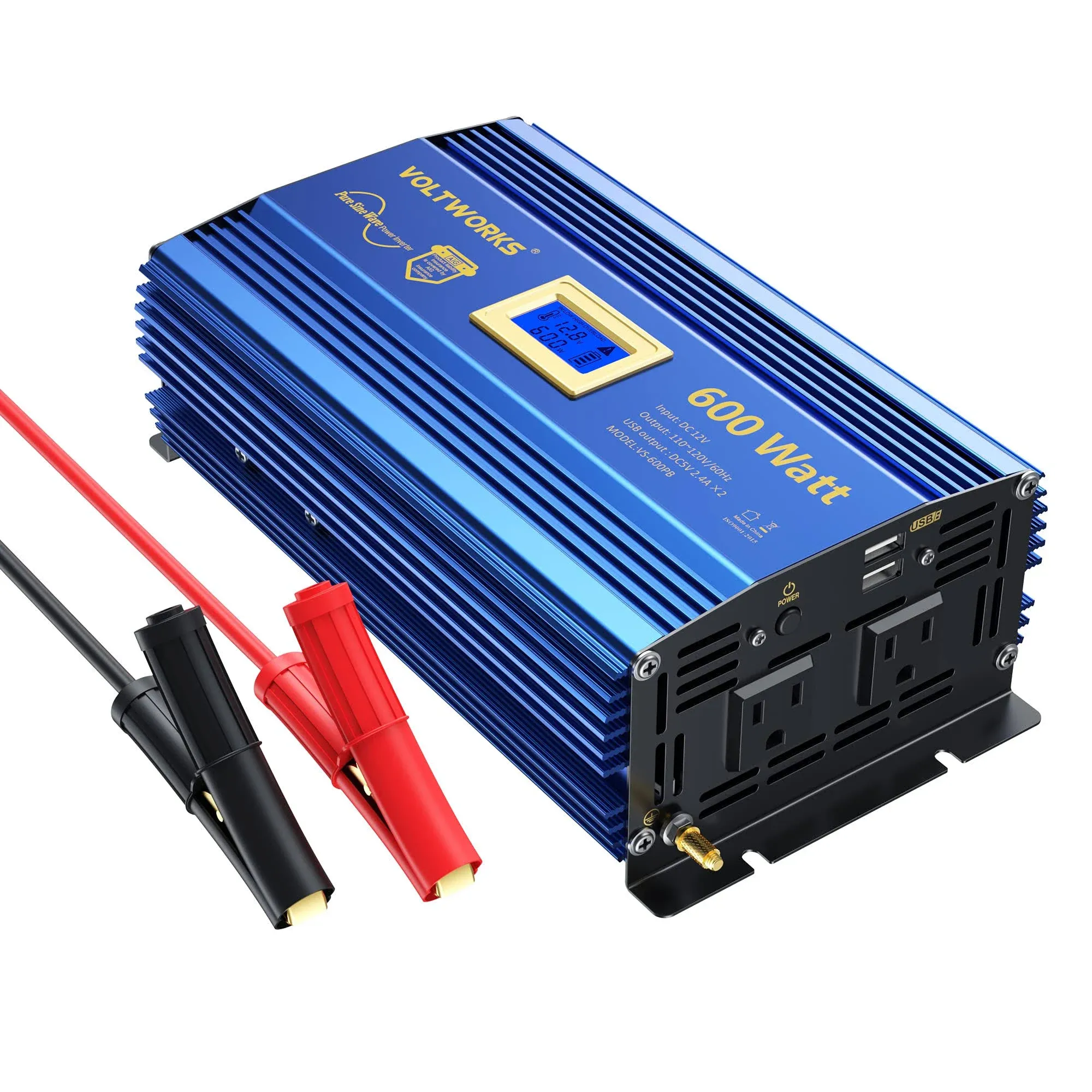 600 Watts Pure Sine Wave Power Inverter 600W DC 12V to AC 110V 120V with Dual 2.