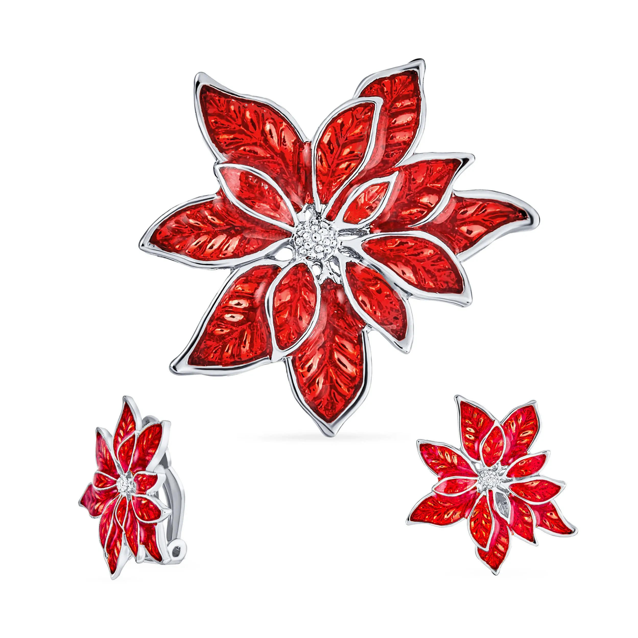 Bling Jewelry Large Red Gold Enamel Flower Poinsettia Brooch Pin Clip On Earrings ...