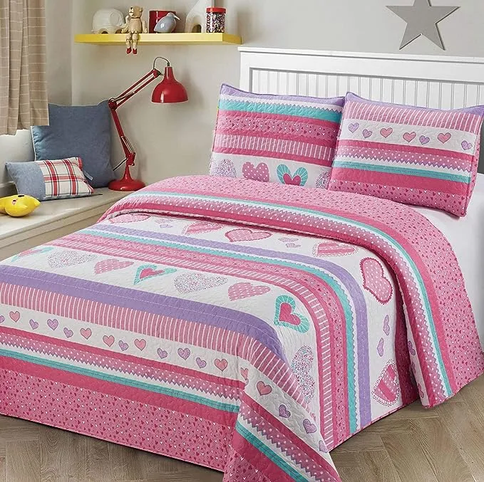 2pc Twin Size Quilt Bedspread Kids/teens Hearts Pink Purple/lavande<wbr/>r White Girls