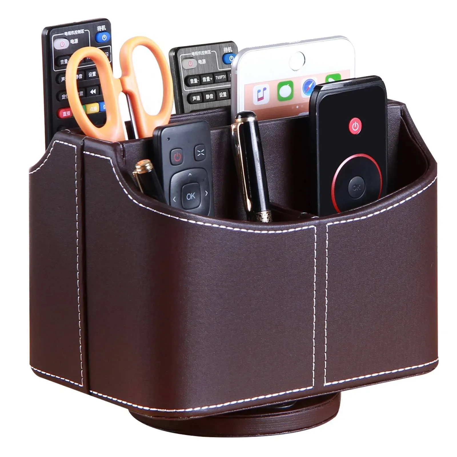 PUSU Remote Control Holder PU Leather 360 Degrees Rotatable Desktop Supply Organizer Storage Box for Controllers Media Stationery Nightstand TV Caddy E-reader iPad Phone Pen/Pencil Cosmetic(Brown)