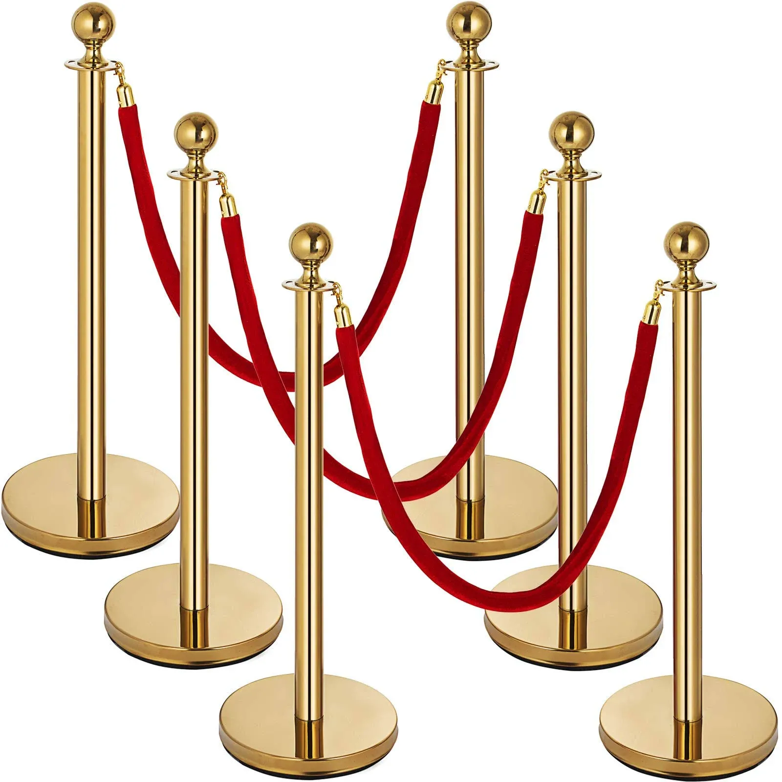 VEVOR 6 Pcs Gold Stanchions Posts Stainless Steel Stanchion Queue Post Red Rope