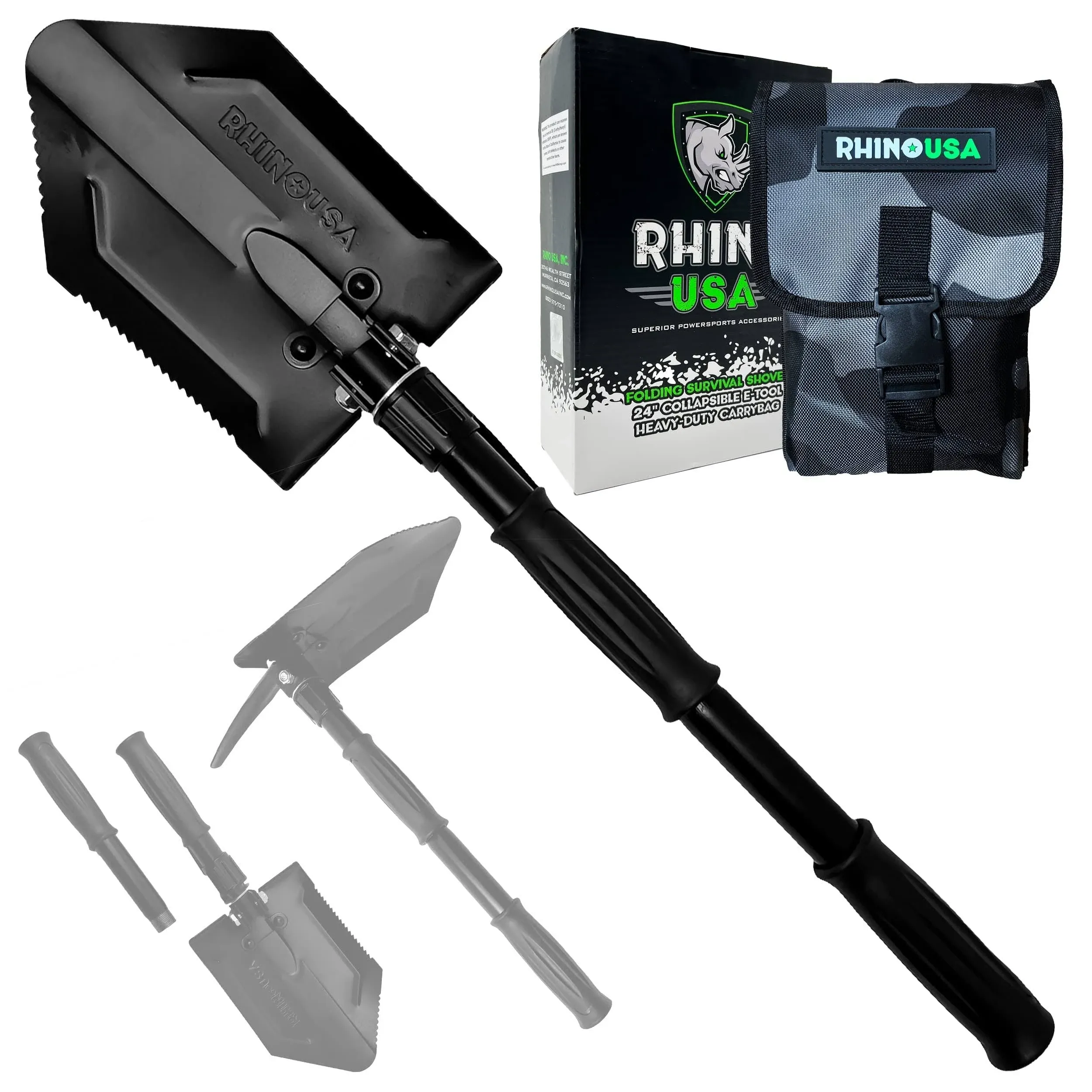 Rhino USA Survival Shovel w/Pick - Carbon Steel Military Style Entrenching Tool