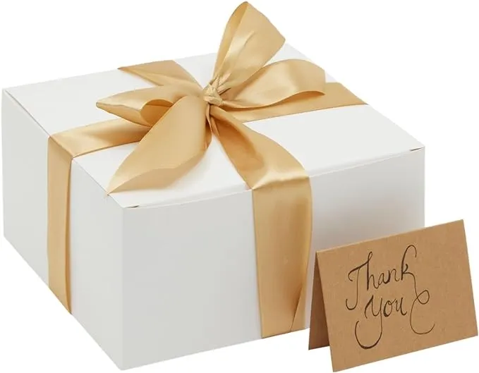 10 Pack White Gift Boxes with Lids, Ribbon and Blank Greeting Cards (8x8x4 in)(c