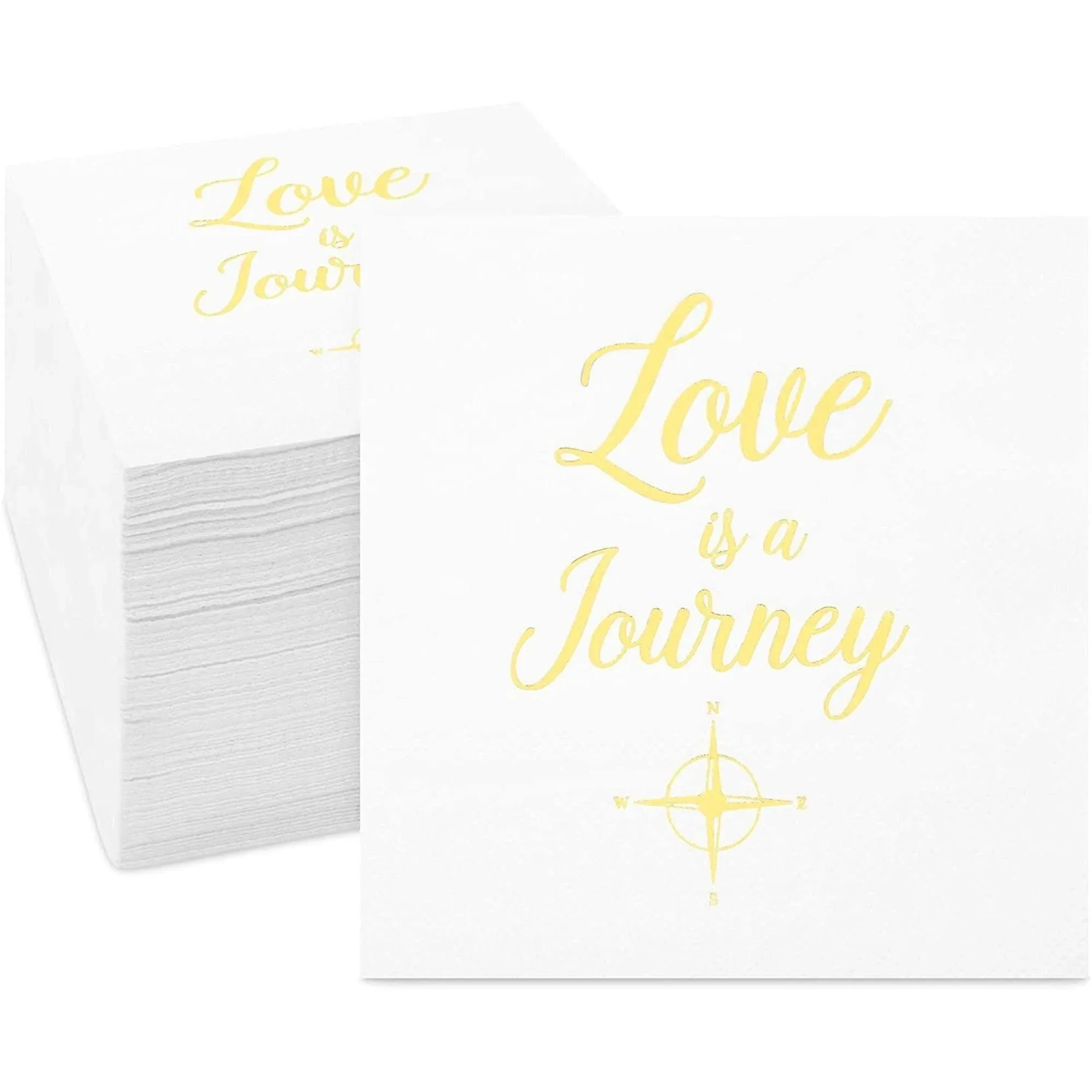 Sparkle and Bash 100 Pack Wedding Cocktail Napkins, Love Is A Journey, Gold Foil (5 x 5 in)