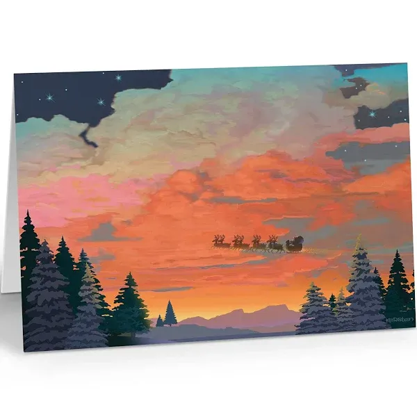 Forest Sunset Santa - 18 Christmas Cards & Evelopes - Flying Sleigh - 20136