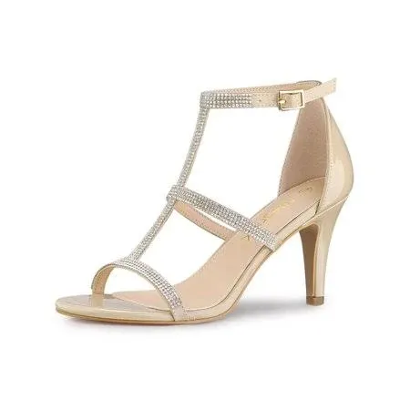 Unique Bargains Women's Rhinestone Ankle Strap Stiletto High Heel Sandals, Beige