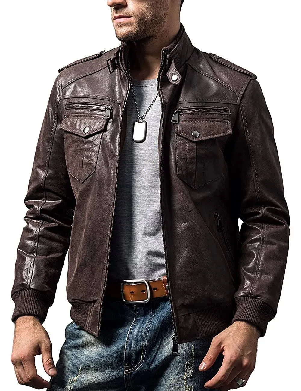 Flavor Men Biker Retro Brown Leather Motorcycle Jacket Genuine Leather Jacket ...