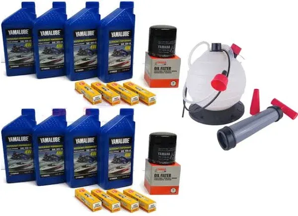 "YAMAHA 24' Boat OEM Oil Change Kit w/NGK Spark Plug Set- Jet Boat 4W Yamalube w/ 69J-13440-03-00 Filters for 2010+ AR240 SX240 HO/ 242 LIMITED/S/E-SERIES/ 242X/ 212SS w/Deluxe Oil Extractor Pump"