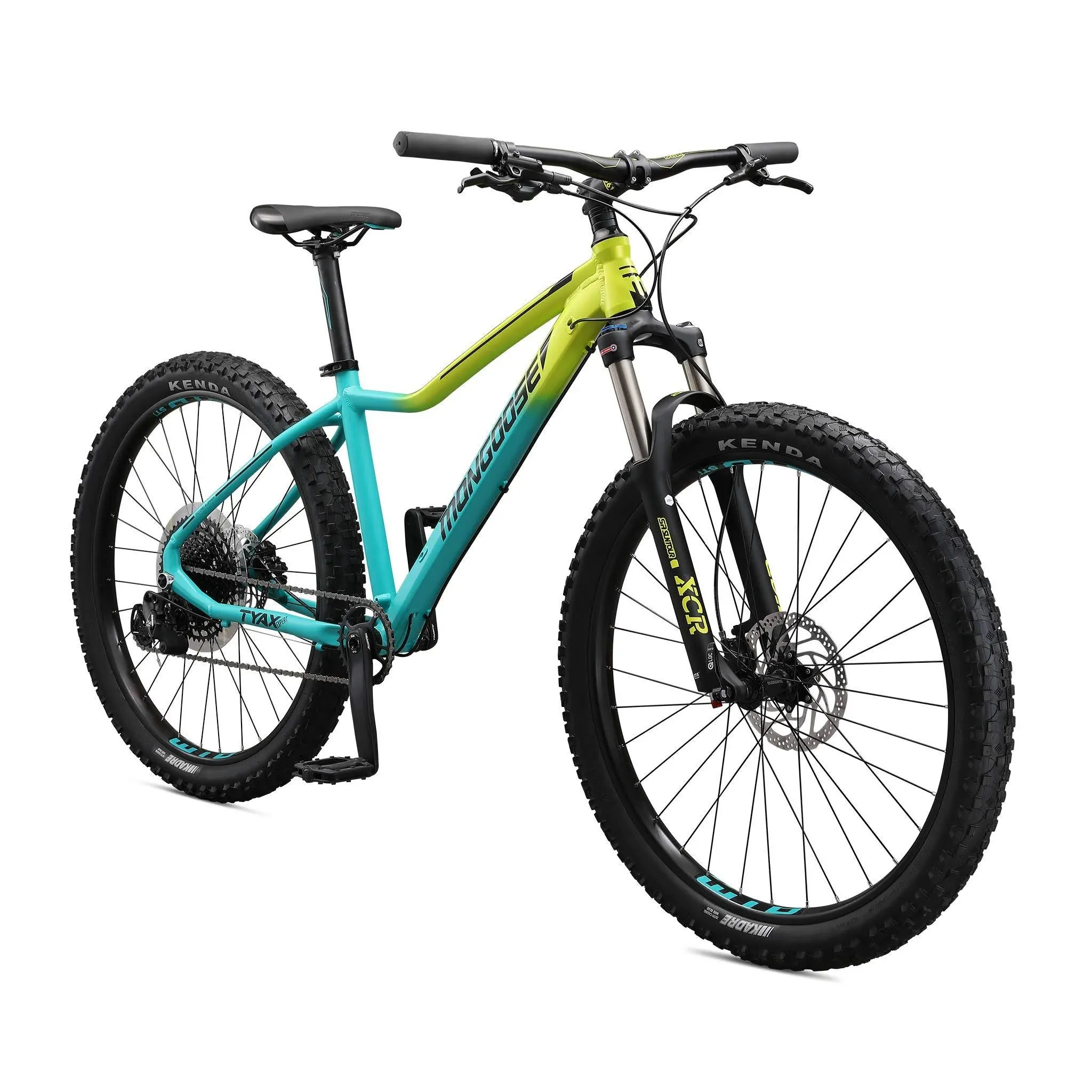 Mongoose Tyax Comp Adult Mountain Bike, Tectonic T2 Aluminum Frame, Yellow/Teal