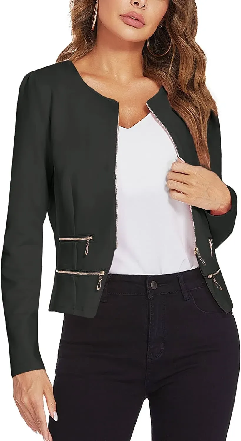 Zeagoo Womens Casual Blazer Long Sleeve Open Front Dress Jacket Cropped Zipper O