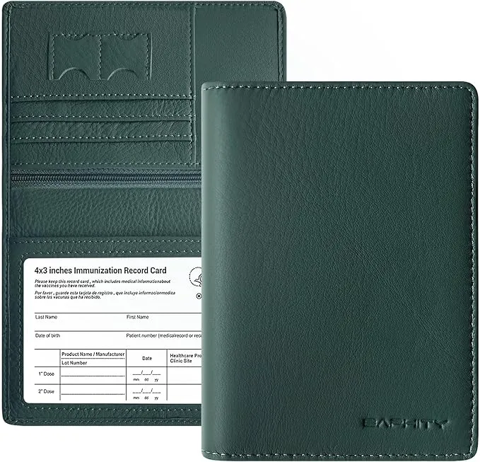 Genuine Leather Passport Holder Wallet Cover for Women and Men,Rfid Travel Wallet Passport Document Holder with Zipper Pocket & Transparent Window Gift for Women and Men - Green