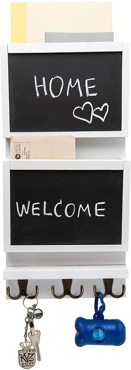 Rustic 2-Slot Mail Sorter Organizer for Wall with Chalkboard Surface &amp; 3 Doub...