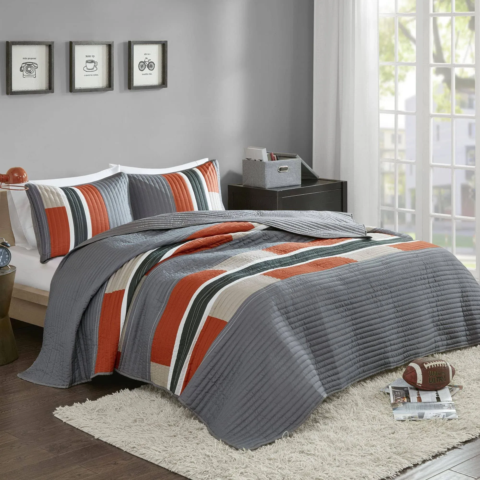 Comfort Spaces Quilt Set Trendy Casual Fun, Vibrant Color Design, Hypoallergenic All Season, Lightweight Coverlet Bedspread Cozy Kids Bedding & Sham Full/Queen Pierre Grey Orange Stripe 3 Piece