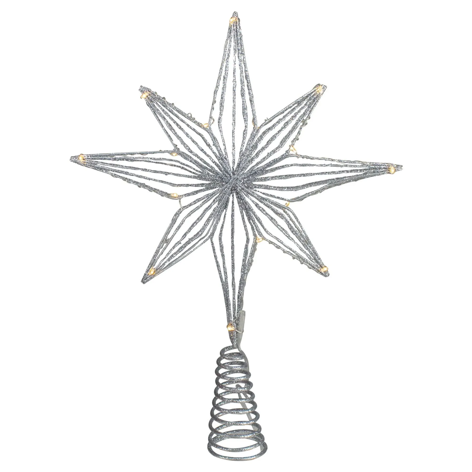 13.75" LED Lighted B/O Silver Glittered Geometric Star Christmas Tree Topper - Warm White Lights