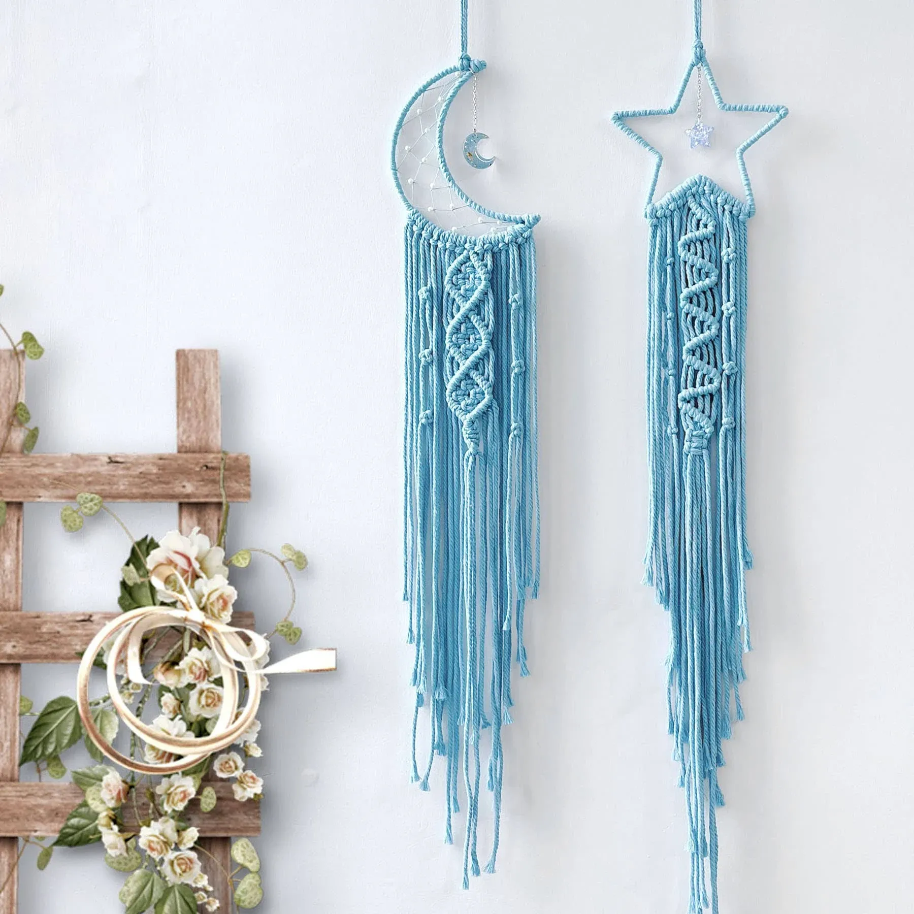 Blue Moon Star Dream Catchers 2pcs, Boho Hand-Woven Home Decor with Fairy 