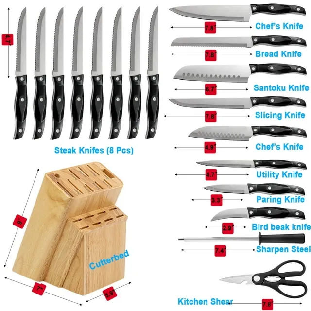 HKEEY Knife Block Set 19-Pieces Kitchen Cutlery Knife Block Sets with Built-in Sharpener Stainless Steel Knife Set Lightweight and Strong Dishwasher Safe