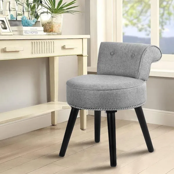 VEIKOUS Gray Wood Upholstered Vanity Stool Round Velvet 17.3 in. W x 15.7 in. D x 25.1 in. H HP0204-04