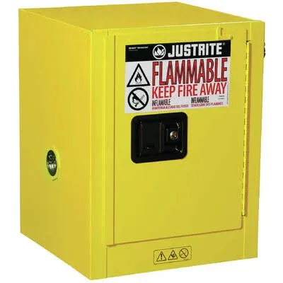 Justrite 4 Gallon Manual Close Countertop Flammable Storage Cabinet, 18 Gauge Steel, 1 Shelf, 1 Door Fire Cabinet, 22" x 17" x 17", Made in The USA, Yellow, 890400