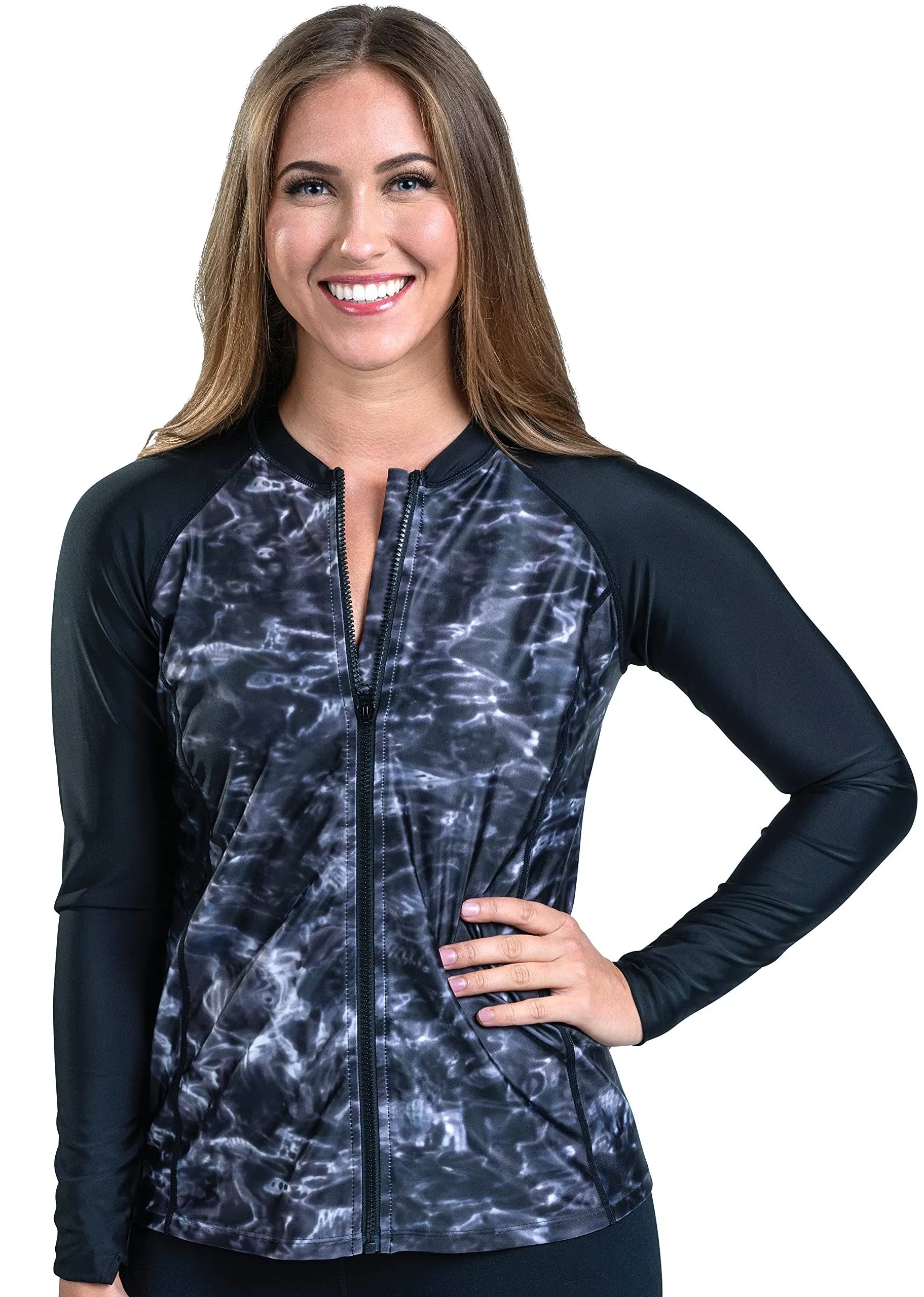 Women’s Full Zip Long Sleeve Rash Guard: Front Zipper Swim Shirt