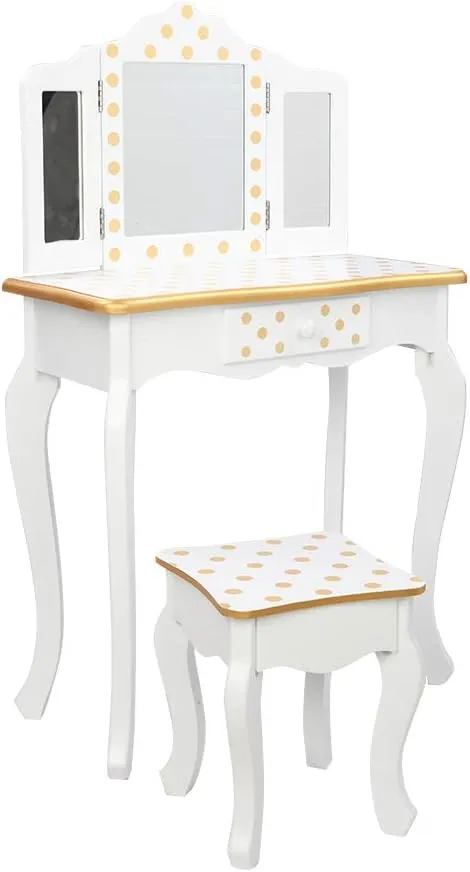 SESSLIFE Kids Vanity Table and Chair Children Vanity Set with Mirror Makeup Dressing Table with a Drawer，Play Vanity Set for Girls Yellow Dots and White