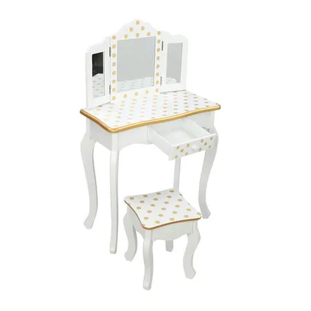 SESSLIFE Kids Vanity Table and Chair Children Vanity Set with Mirror Makeup Dressing Table with a Drawer，Play Vanity Set for Girls Yellow Dots and White