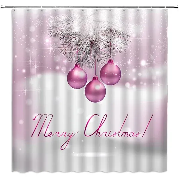 BSTDSYSY Merry Christmas Shower Curtain Pink Christmas Balls Fantasy Snowflak...