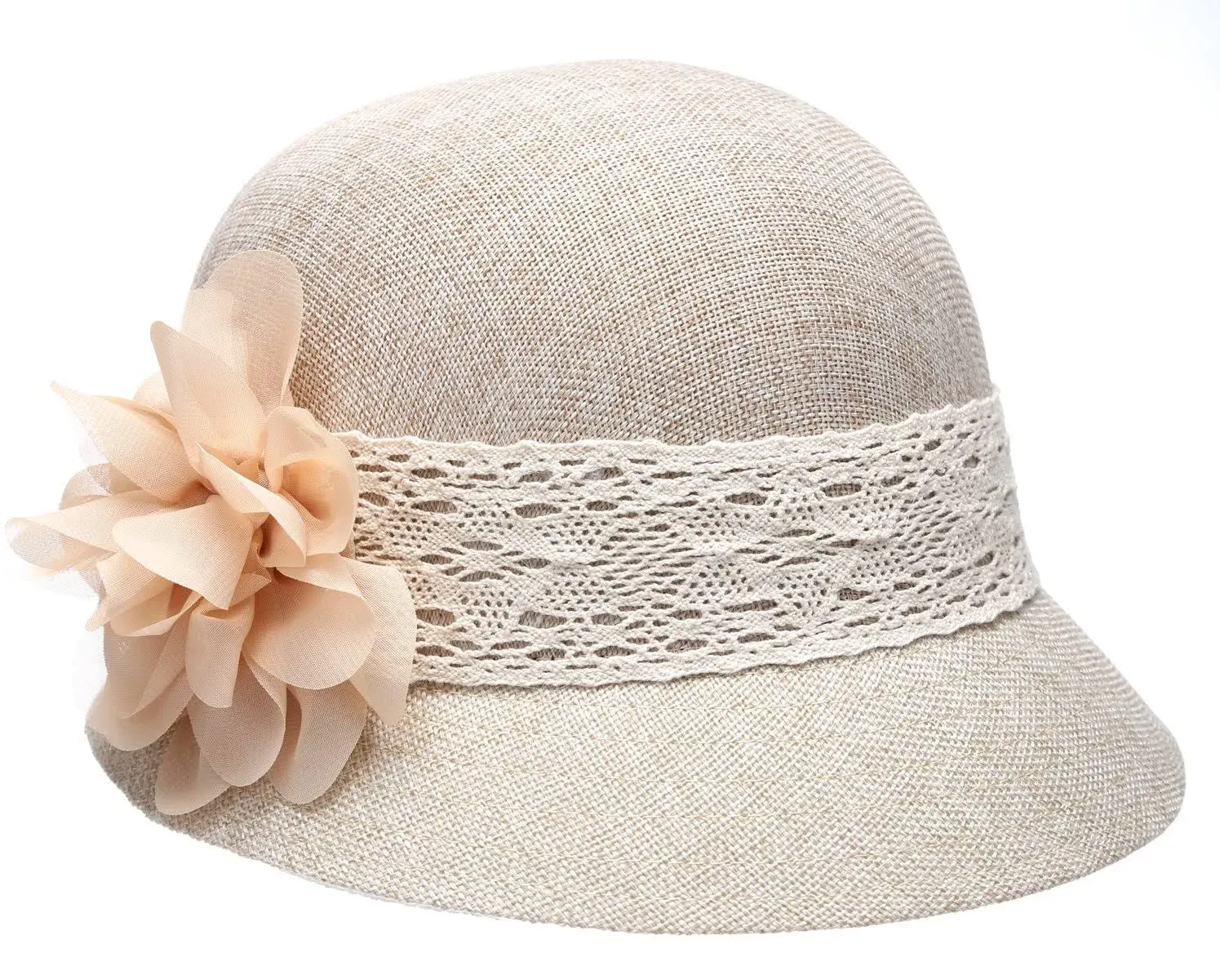 Women's Gatsby Linen Cloche Hat with Lace Band and Flower (Natural)