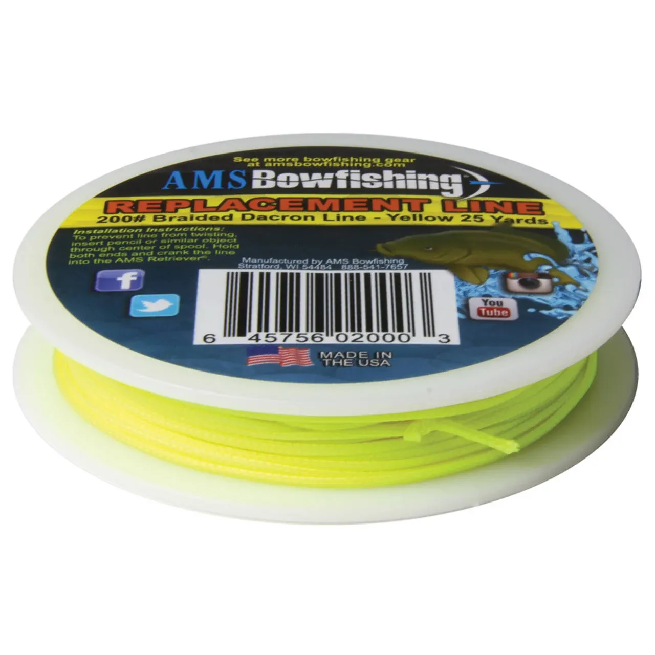 AMS Bowfishing 25 Yards 200# Yellow Braided Dacron Replacement Line Bow Fishing