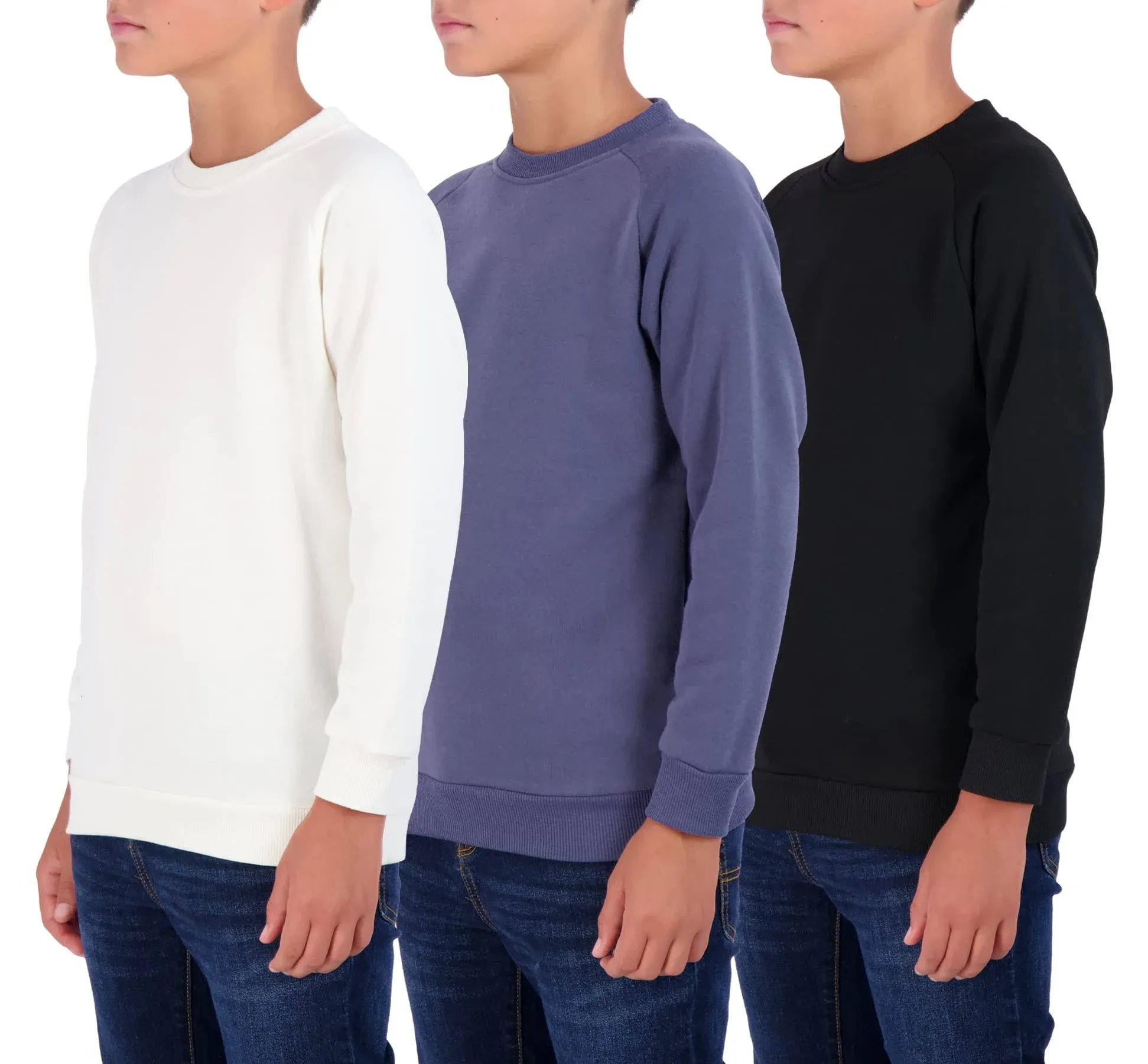 3 Pack: Youth Fleece Crew-Neck Long Sleeve Soft Pullover Sweatshirt - Boys & Girls