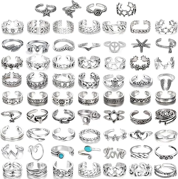 54Pcs Open Toe Rings Set for Women Men Adjustable Vintage Retro Jewelry